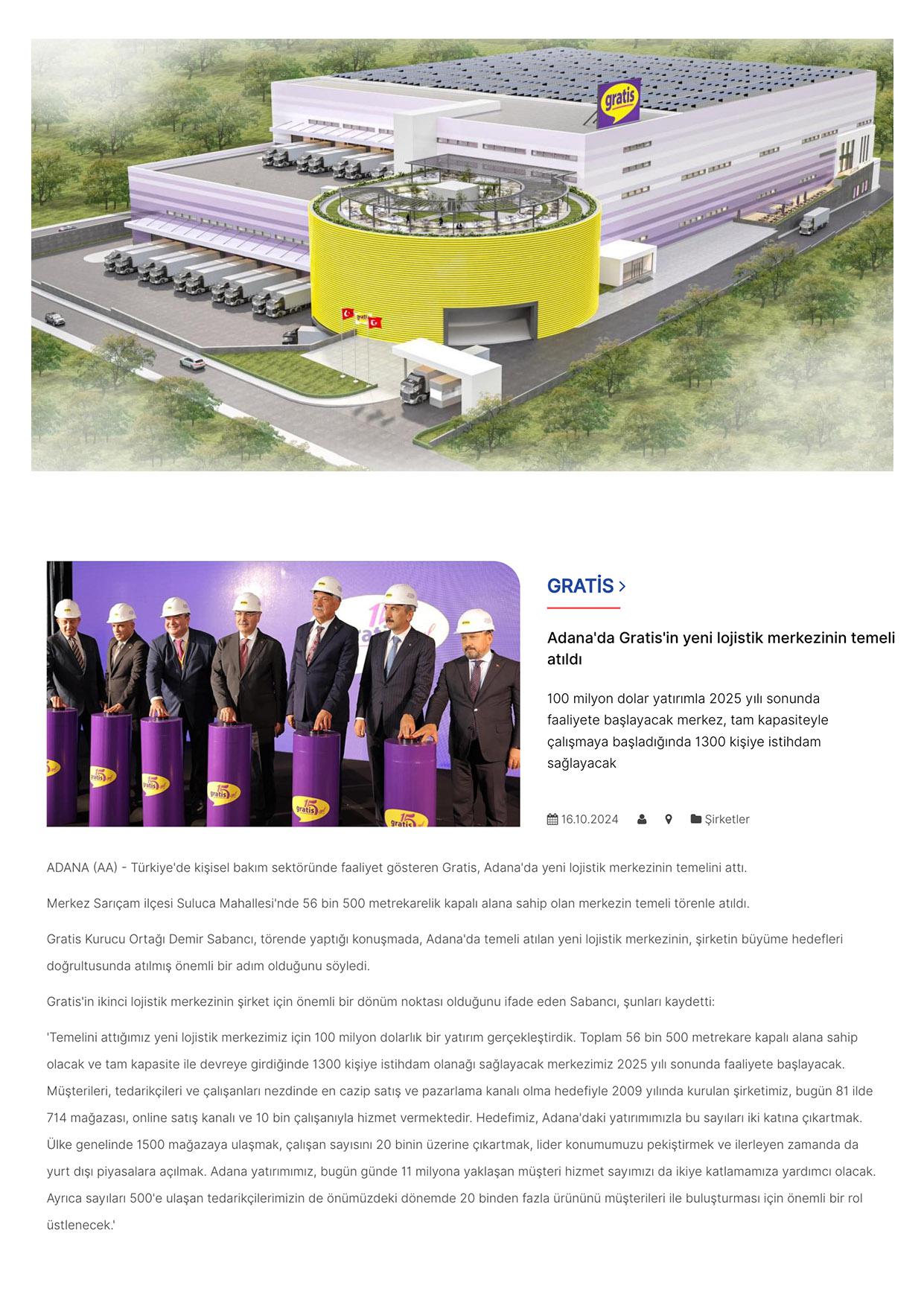 Gratis Lojistik Depo Ve Operasyon Merkezi Insaati